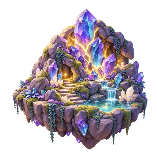 A floating cavern filled with luminous crystals