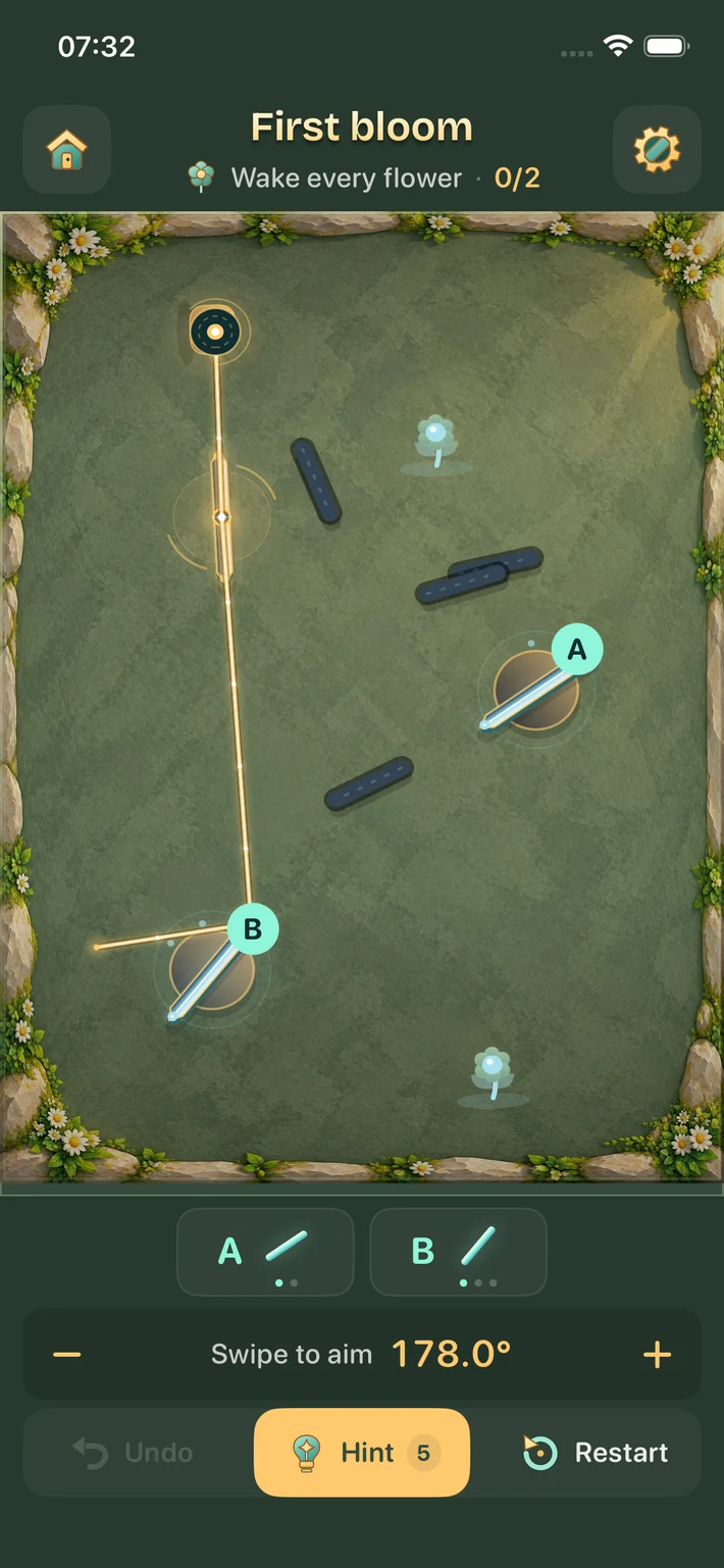 Actual Foldlight iPhone gameplay: golden light, two adjustable mirrors and flower targets on an illustrated garden board