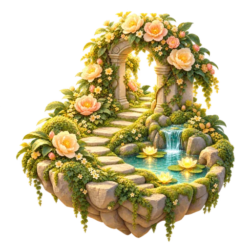 Flowers and a waterfall around an ancient garden arch